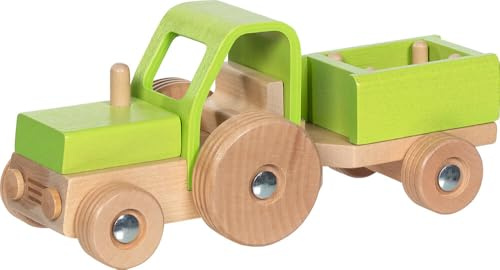 goki 55838 – Traktor mit Anhänger, Schiebefahrzeug aus Holz mit abnehmbarem Anhänger, Robustes Bauernhof-Spielzeug für Kinder ab 2 Jahren