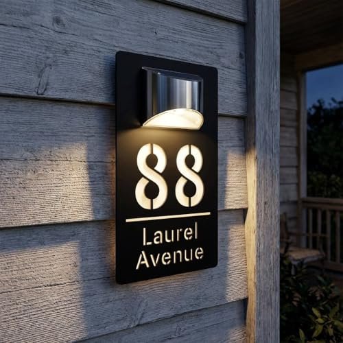Personalizable Números de Casa Exterior con Luz LED Solar Versión Mejorada | Placa de Acrílico Grabada Láser 3D Impermeable IP65, 4 Tamaños, 16 Tipos de Fuente y 3 Colores Disponibles