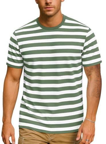 Zengjo Mens Striped T Shirt (Army Green&White WD,XL)
