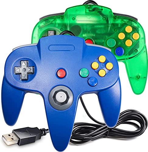 2 Pack Classic N64 Controller, miadore N64 Wired USB PC Game pad Joystick, N64 Bit USB Wired Game Stick Joy pad Controller for Windows PC MAC Linux Raspberry Pi 3 Sega Genesis (Clear Green/Blue)