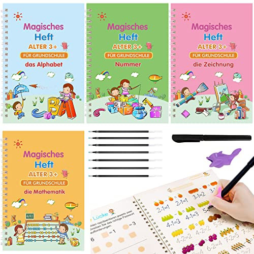 Larcenciel Magische Vorschule Übungshefte, 4 Deutsche Magisches Heft + Magische Kalligraphie Stifte + Schreibhilfe + Nachfüllen, Buchstaben Lernen, Schreiben Lernen, Zahlen lernen, Zeichnen Lernen