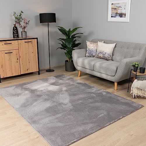 Paco Home Teppich Wohnzimmer Schlafzimmer Kurzflor Waschbar Einfarbiges Muster Flauschig Weich rutschfest Moderne Deko, Grösse:200 cm Rund, Farbe:Grau