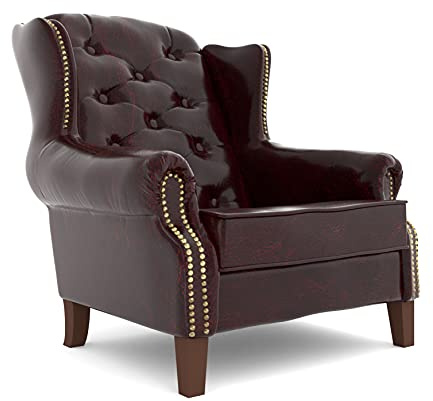 S-Style Möbel Sargans Chesterfield Sessel Ohrensessel Für Wohnzimmer Schlafzimmer Louge Büro Loungesessel Polstersessel Cocktailsessel Holzbeine Öko Leder Kastanienbraun 102 x 93 x 102 cm