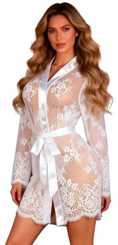ohyeahlady Kimono Sexy Donna Hot Pizzo Camicia da Notte Taglie Forti | Taglie Forti,Kimono Mare Corto Estivo，Vestaglia Hot Trasparente Curvy，Manica Lunga,Pigiama Leggero,Abito,G-String E Cintura