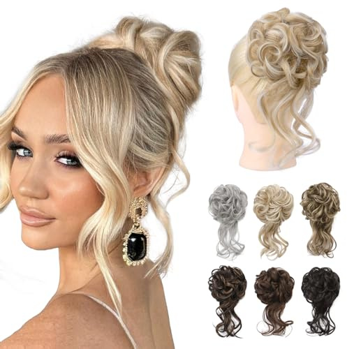 REECHO Messy Bun Hair Piece, Tousled Updo Elastic Hair Bun Hair Piece for Women Synthetic Messy Hair Bun Donut Accessories Scrunchies - Blonde with Pale Highlights