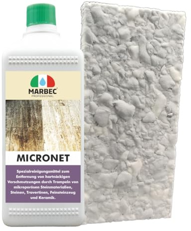MARBEC MICRONET 1LT + TAMPON EN MÉLAMINE Détergent spécifique pour enlever la saleté de piétinement des matériaux lapidaires microporeux, tels que les pierres, les travertins et le grès cérame.