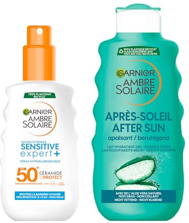 GARNIER Ambre Solaire - Coffret Essentiel Solaire - Routine Protection Solaire et Après-Solaire - Spray Solaire Protecteur FPS 50+ waterproof + Lait Hydratant Apaisant Après-Soleil à l’Aloe Vera