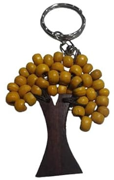 BLUSUPERSHOP pch5 giallo albero della vita portachiavi in legno 7 cm, perle legno, h totale 11 cm portafortuna amuleto contro jella