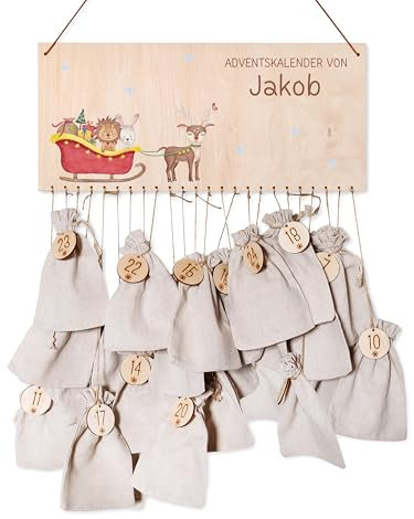 wunderwunsch® - Personalisierter Adventskalender zum selber befüllen - mit kinderfreundlichem Druck auf Holz - mit Juteschnur Jutesäckchen und Holzzahlen (Weihnachts-Tiere Schlitten)