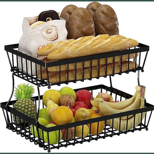 Frutero de 2 Capas para encimera de Cocina, Cesta para Pan y Verduras, Bandeja para Frutas, Cesta Rectangular de Metal extraíble.