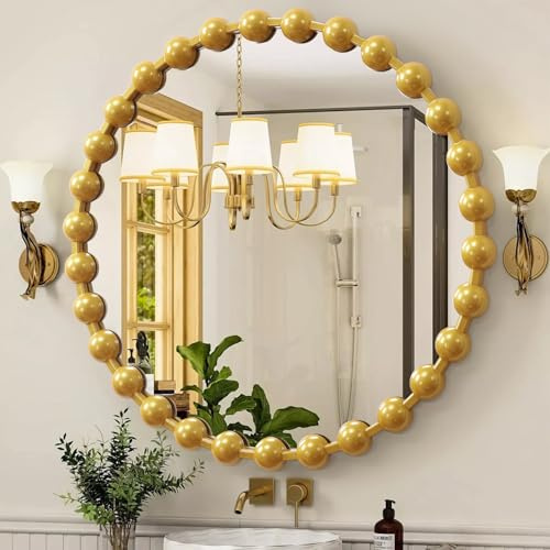 AAZZKANG Goldene Metallspiegel mit Perlenrahmen Großer runder Wandspiegel 60cm Heimdekoration für Badezimmer Schlafzimmer Wohnzimmer Eingangsbereich