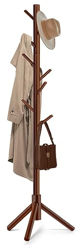 Freyawin Wooden Coat Rack Freestanding with 8 Hooks & 3 Adjustable Sizes for Clothes, Space-Saving Design for Bedroom Office Entrance Holds Hats Coats Scarves Bags