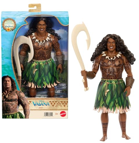 Mattel Disney Poupée Demi-Dieu Maui Vaiana avec Tenue Amovible, Cheveux bouclés, hameçon et 3 Accessoires, articulée et à Collectionner, inspirée du Film en Prise de Vues réelles, JLV16