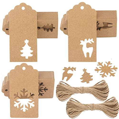 G2PLUS 150 Stück Braun Weihnachten Geschenkanhänger mit Jute-Schnur, 5x10cm | Ausstanzung in Schneeflocke, Rentiere und Tannenbäume, Groß Kraftpapier Weihnachten Etiketten zum Beschriften, Geschenk Deko