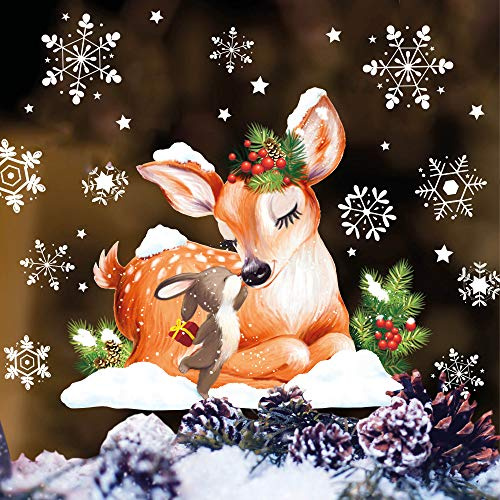 Wandtattoo Loft Fensterbilder Weihnachten mit Reh und Hasen Motiv – Wiederverwendbar – A4 Bogen, 25 Sticker – Weihnachstdeko Fenster Kinderzimmer, Weihnachtsbilder Fenster, Fensterbild Winter