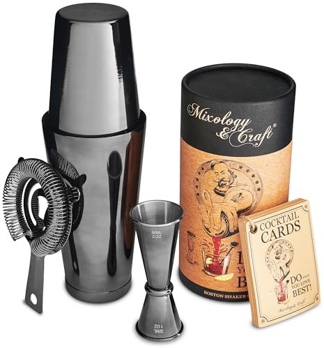 Mixology - Juego de coctelera Boston profesional con peso, colador y medidor japonés, juego de bar portátil para mezclador de bebidas, tarjetas de recetas exclusivas (pistola-negro metálico)