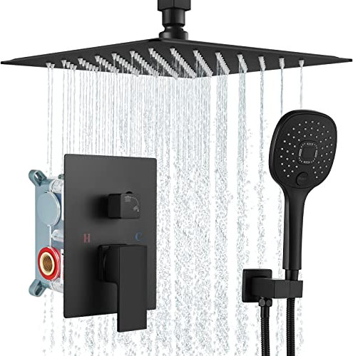 Aolemi Deckenhalterung 12 Zoll Matt Schwarz Duschsystem Regendusche Kopfbrause mit ABS 3 Funktionen Handbrause Badezimmer Luxus Hochdruck Dusche Kombi Set Rauhventil und Duschblende im Lieferumfang