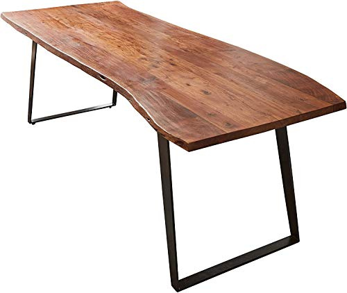 SAM Esstisch Havanna 220x100 cm Akazie nussbaum Baumkante U-Gestell schwarz | Baumkantentisch massiv, Akazienholz nussbaumfarben, schräges Metallgestell, Esszimmertisch