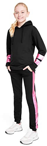 CityComfort Trainingsanzug Mädchen, Kinder Trainingsanzug Set mit Kordelzug Hoodie Mädchen & Hose, Bequem Kinder Kleidung für Mädchen, Sportbekleidung für Mädchen, Leuchtend rosa Streifen, Alter 11-12