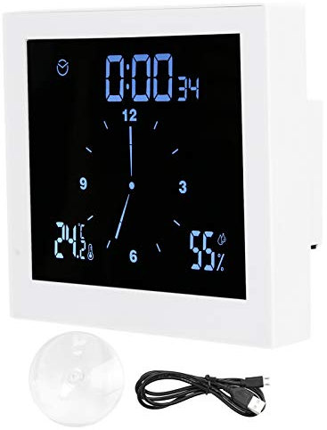 Ejoyous Reloj Pared con Termometro, Impermeable IP65 Reloj de Ducha Digital LCD Reloj de Ducha ℃ / ℉ Temperatura/Reloj de baño con función de Alarma y Temporizador de Cuenta atrás(Blanco)