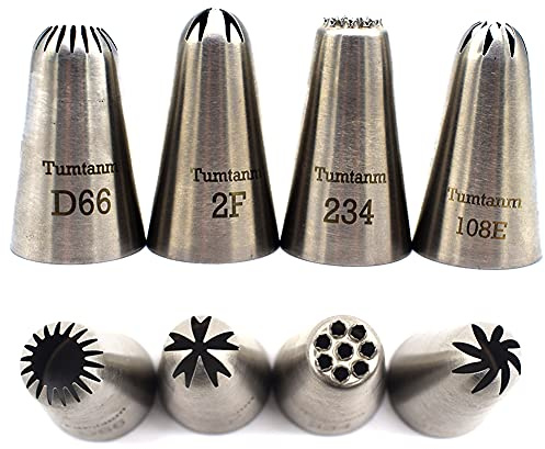 Tumtanm #2F #108E #234#D66 Große Spritztüllen, 4 Stück Edelstahl nahtlose Zuckerguss-Spritztüllen-Set für Cupcakes und Backen, Silber