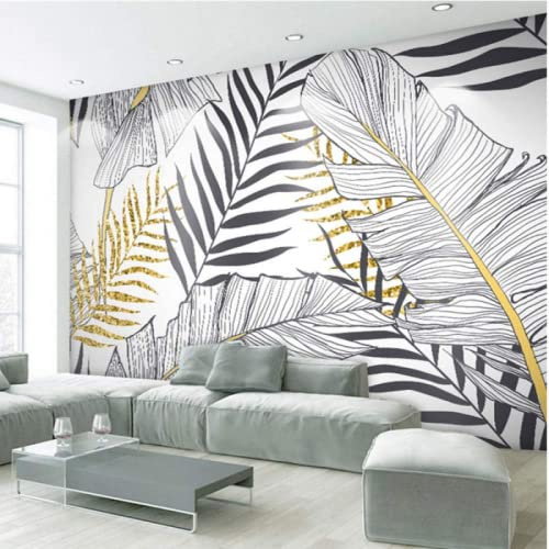 Papier Peint 3D Intissé Feuille D'Or Noir Et Blanc Nordique Simple Papier Peint Panoramique 3D Moderne Décoration Murale