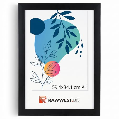 RAWWEST.BIS Bilderrahmen 59,4x84,1 cm DIN A1 MDF Holz Rahmen Schwarz | Fotorahmen mit Acrylglas, Holzrahmen aus Holzplatten für Bilder Poster Fotos Puzzle, Plakatrahmen zum Aufhängen Aufstellen