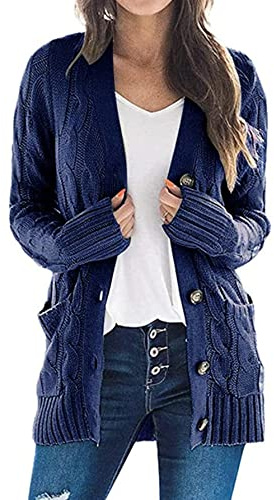 JFAN Cárdigan Informal De Punto para Mujer Abrigo Holgado De Manga Larga Holgado con Bolsillo Delantera Abierta Suéter,Azul Marino M