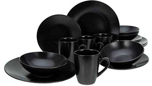 CreaTable, 25833, Serie Black Matt, 16-teiliges Geschirrset, Kombiservice aus Steinzeug, spülmaschinen- und mikrowellengeeignet, Qualitätsproduktion