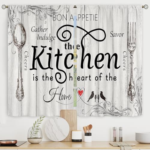 Riyidecor Kitchen Curtains Rustic Farmhouse 55x39 Inch Rod Pocket Country Short Small Barn Fork and Spoon Wooden Wood Plank Board Vintage Printed Cafe Window Curtains Drapes Treatment Fabric 2 Panels