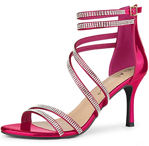 Allegra K Women's Ankle Strap Rhinestone Stiletto Heeled Sandals | 3 1/3 inches Heels, Strappy Open Toe Heel for Wedding Party, Comfortable Heel, Summer Dress Sparkle Shoes
