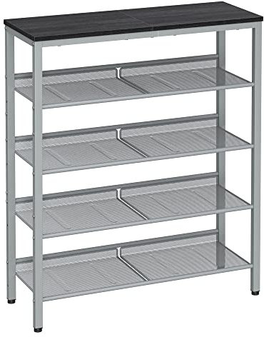 VASAGLE Schuhregal, Schuhablage, 5 Ebenen, große Oberfläche, verstellbare Gitterablagen, platzsparend für Eingangsbereich Flur, Metall, Industrie-Stil, anthrazitgrau-metallisches Silber LBS038E22