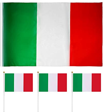 Una bandera italiana, tres banderas italianas de mano con postes, banderas de lluvia y protección solar, adecuadas para actividades interiores y exteriores (90 x 145 cm)