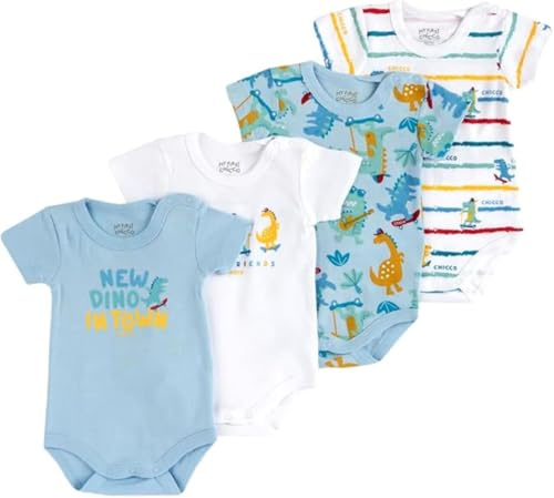 Chicco, Nyfödd pojkbody i 4-pack, kortärmad body i 100% bomull, bebiskläder 0–24 månader, designad i Italien, Vit, blå, 9 månader