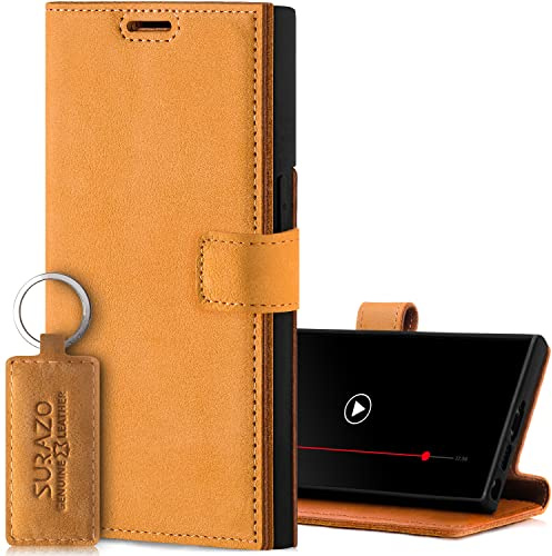 SURAZO Handyhülle für Samsung Galaxy S23 Ultra Hülle Leder – Klappbare Echtleder Schutzhülle [Magnet, Kartenfach, RFID Schutz, Standfunktion] Flip Klapphülle Wallet Case Cover Lederhülle (Camel)