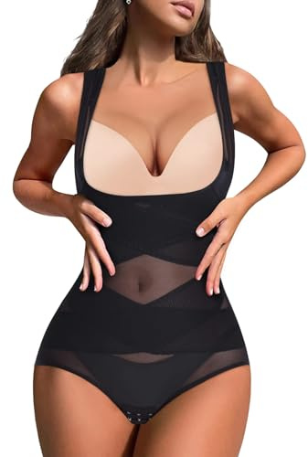 Chumian Bodysuit for Women Shapewear Waist Trainer Body Shaper Mesh Slimming Shaping Bodysuits Tummy Control Top (Black, M)