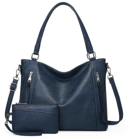 VINBAGGE Damen Handtasche Leder Henkeltasche Top Griff Tasche Vintage Weiches Umhängetasche Schultertasche Mit Geldbörse Hobo Damen Taschen für Frauen - Set 2pcs Dunkelblau