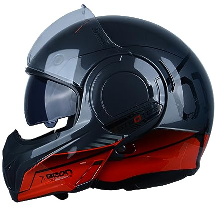 BEON Full Face Motorcycle Helmet DOT Approved, 180° Reversible Chin Guard Modular Pilot Helmet with Anti-Fog Dual Visors for Adult Men Women (Glossy Grey Red, XX-Large)