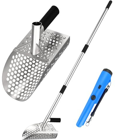 Long Handle Sand Scoop,with Metal Detector Pinpointer,Stainless Steel Beach Metal Detecting Shovel for Adults, Ideal for Underwater Treasure Hunting,Beach Sifting,Excavation Tools