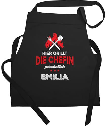 Schürze - Grillschürze Damen - Hier grillt die Chefin persönlich mit Name I Lustig Grillen Frauen I Geschenk Grillen personalisiert - 60x87 - Schwarz - frau am grill für kochschürze schürzen