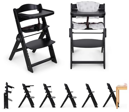 ms Chaise haute pour bébé en bois pliable – évolutive – Chaise haute, ergonomique, réglable, sécurisée, noir/blanc