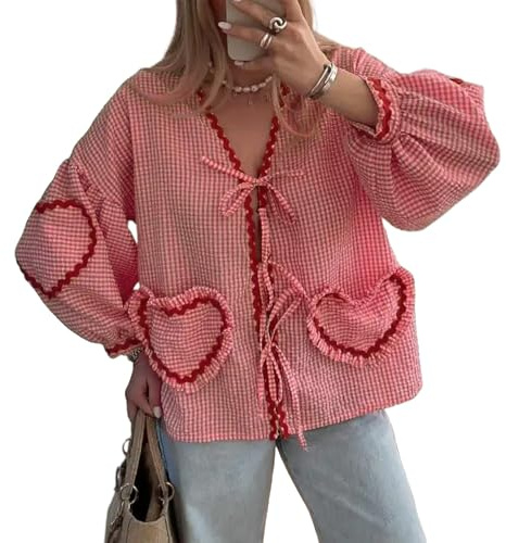 Blusa de manga larga con lazo frontal para mujer, diseño de guinga, babydoll con lazo, manga abombada, coqueta, con corazón, de manga larga, lindas camisetas de primavera