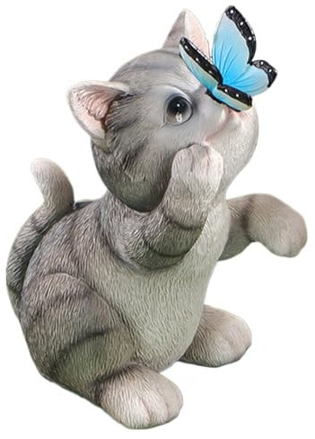 Hperu Cat Solar Light 8 '' Solar Cat Garden Statue avec décor de Papillon, résine étanche Statue de Chat décor de Jardin pour Le Jardin de Jardin statut extérieur Gris