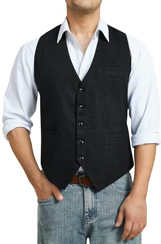 HISDERN Gilet Costume Homme Gilet Décontracté en Laine à Col en V Noir Veston Vintage à Chevrons pour Mariage M