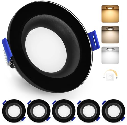 YindaLux LED Einbaustrahler 230V Dimmbar Flach LED Spots 5W IP65 Deckenspots Warmweiß Neutralweiß Kaltweiß Einbauleuchten 68mm 500LM Einbauspots für Badzimmer Wohnzimmer Rund Led Spot Schwarz, 6er Set