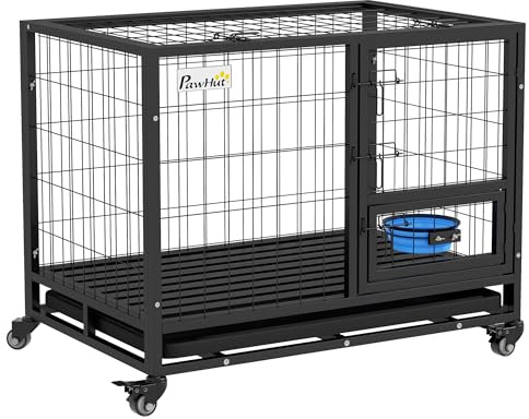 PawHut Cage pour Chien Animaux Cage de Transport sur roulettes avec 2 Portes verrouillables Support de gamelle Plateau Amovible en Acier dim. 92L x 62l x 73H cm Noir