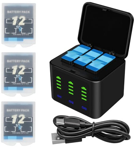 Battery Charger Kits for GoPro Hero 12 11 10 9 Black, 3-Pack 2000mAh Replacement Batteries + Triple Charge Case with Type-C Charging Cord for Go Pro 12 11 10 9 Official Batteries Accessories