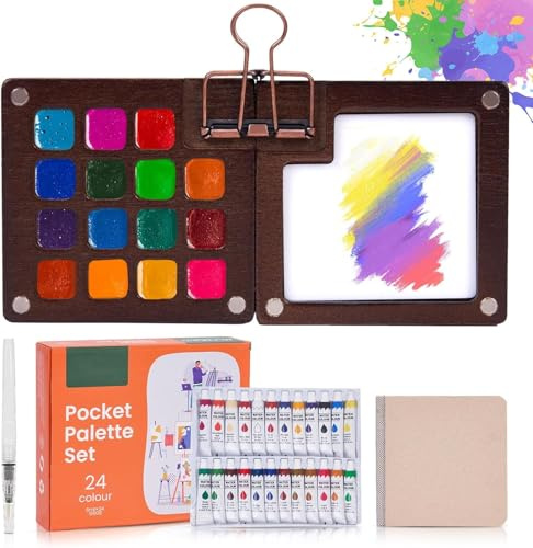 Tragbare Gouache Farben Set, 15 Farben Mini Aquarell Paletten Set Holz Reise, Mini Palette Watercolor Reise Set Acrylmalerei Kommen Mit Aquarellpapier Journal, Aquarellpinsel Stifte Und EIN Clip