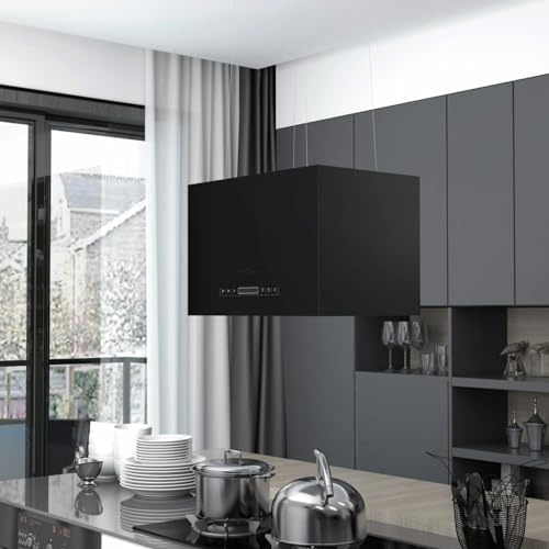 Gecheer Cappa da Cucina ad Isola Sospesa, LCD Touch 3 velocità Timer LED Filtro Antigrasso Lavabile Filtro Carbone 55 cm Acciaio Verniciato a Polvere per Cucina Moderna