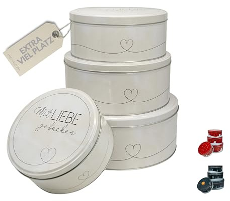 INSPINOVIA Keksdosen 4er Set | Ideal für Weihnachtsplätzchen & andere Leckereien | 4 Größen im Set | Gebäck & Aufbewahrungsdosen in bezaubernden Designs für viele Anlässe (Mit Liebe gebacken)